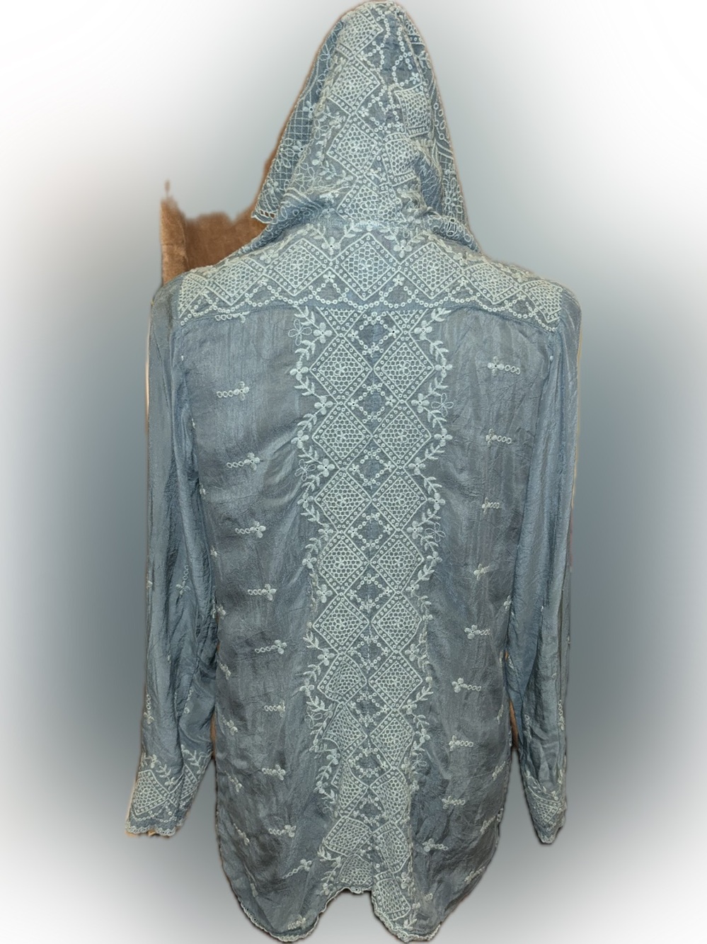 Johnny Was Light Teal Blue Lace-Embroidered Shawl Hood Scalloped Open Cardigan S - Picture 7 of 11